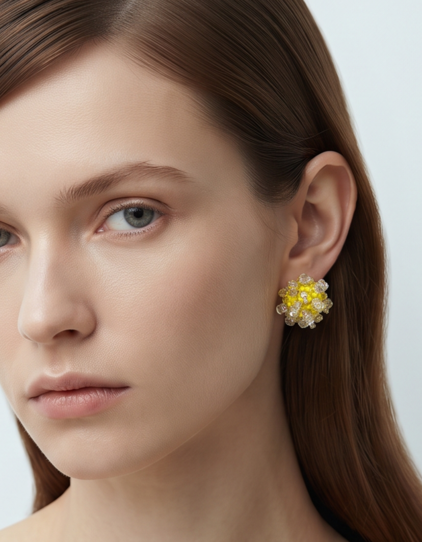 Yellow beaded bloom stud earring