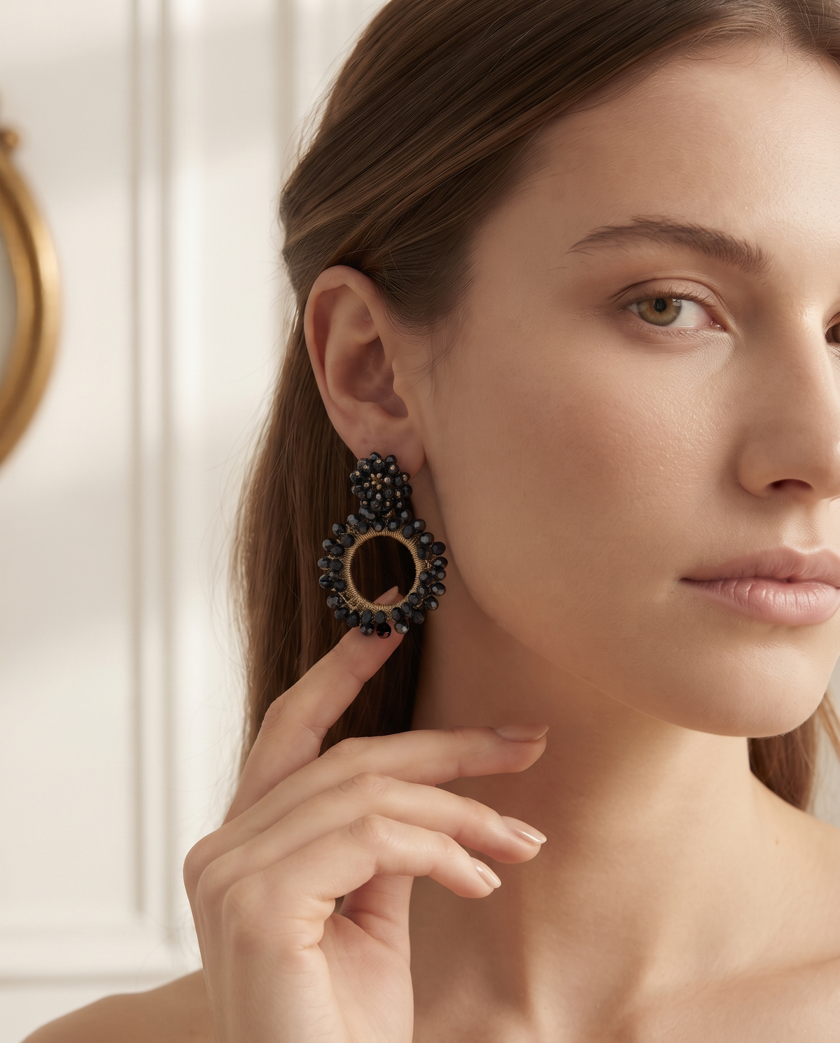 Navy blue beaded flower circle drop earring