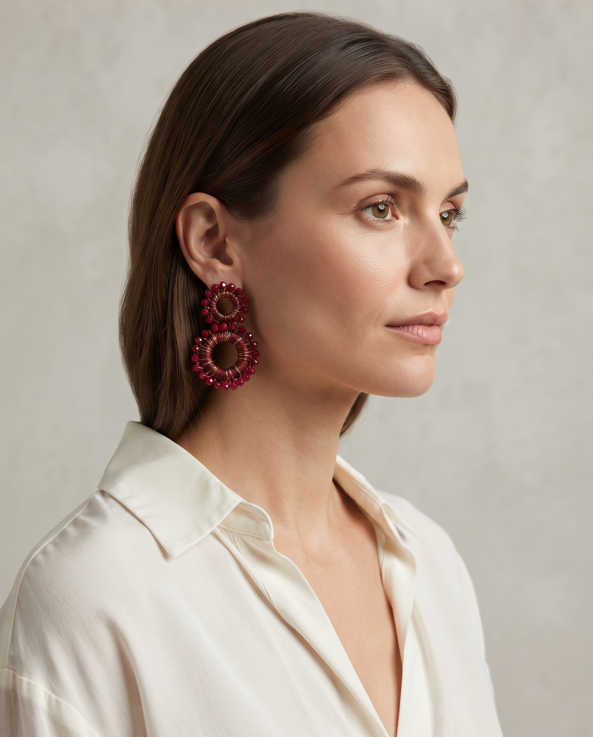 Burgundy double circle bead drop earring