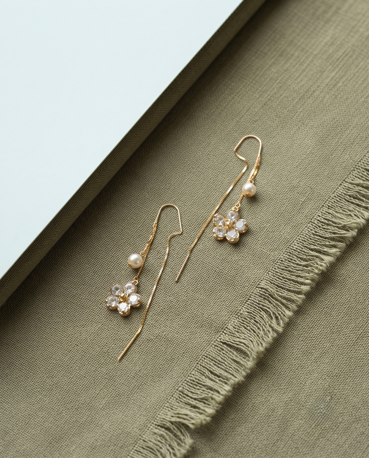 Crystal flower pearl threader earring