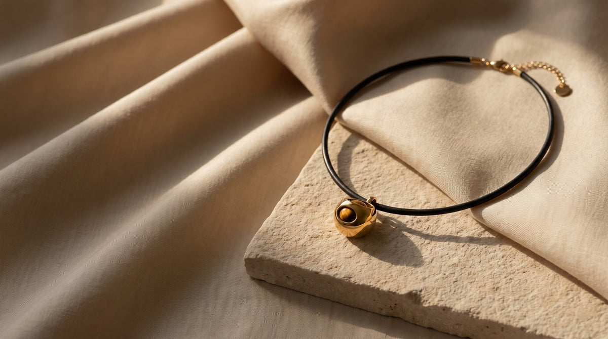 A METALIKA STUDIO gold-plated brass necklace resting on a limestone slab