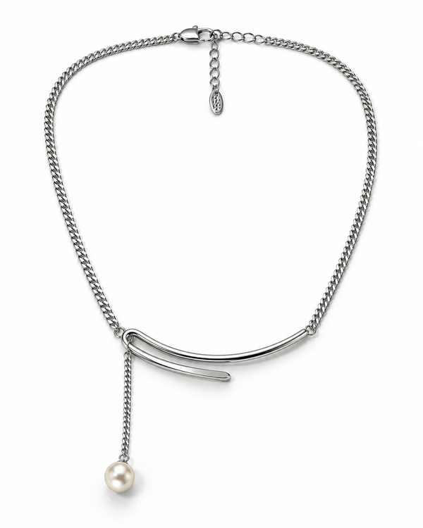 Curved bar pearl drop necklace