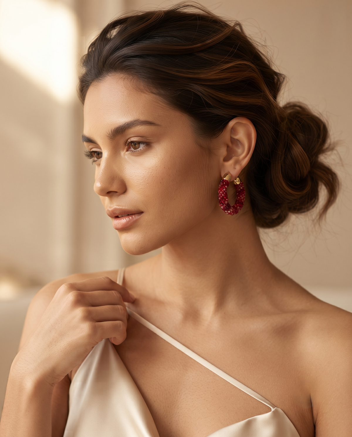 CRIMSON CLUSTER BEAD HOOP EARRING
