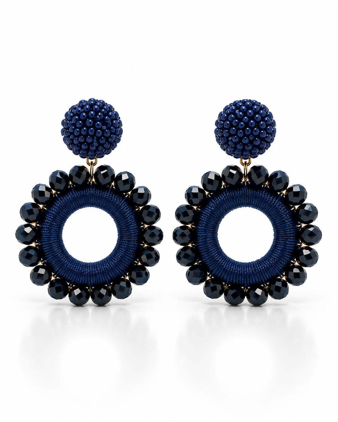 NAVY BLUE BEADED ORB CIRCLE DROP EARRING