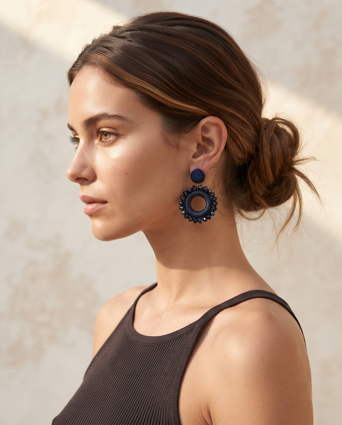 NAVY BLUE BEADED ORB CIRCLE DROP EARRING