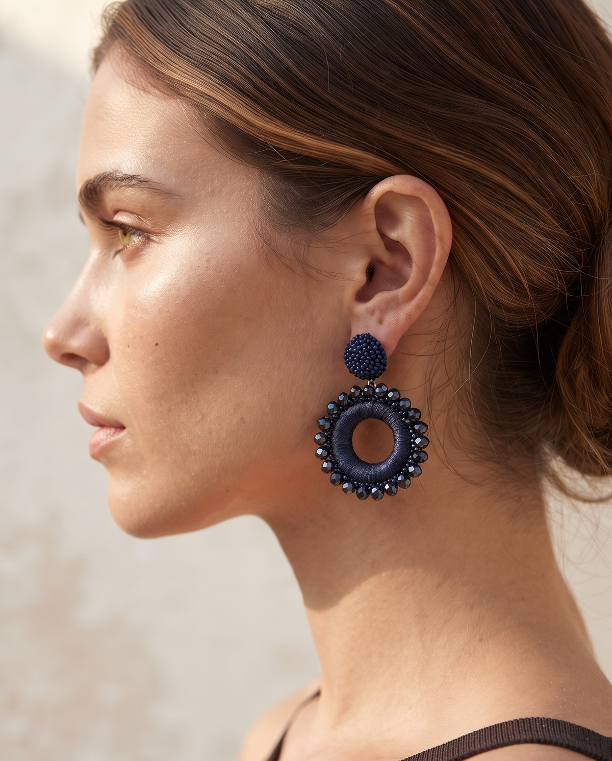 NAVY BLUE BEADED ORB CIRCLE DROP EARRING