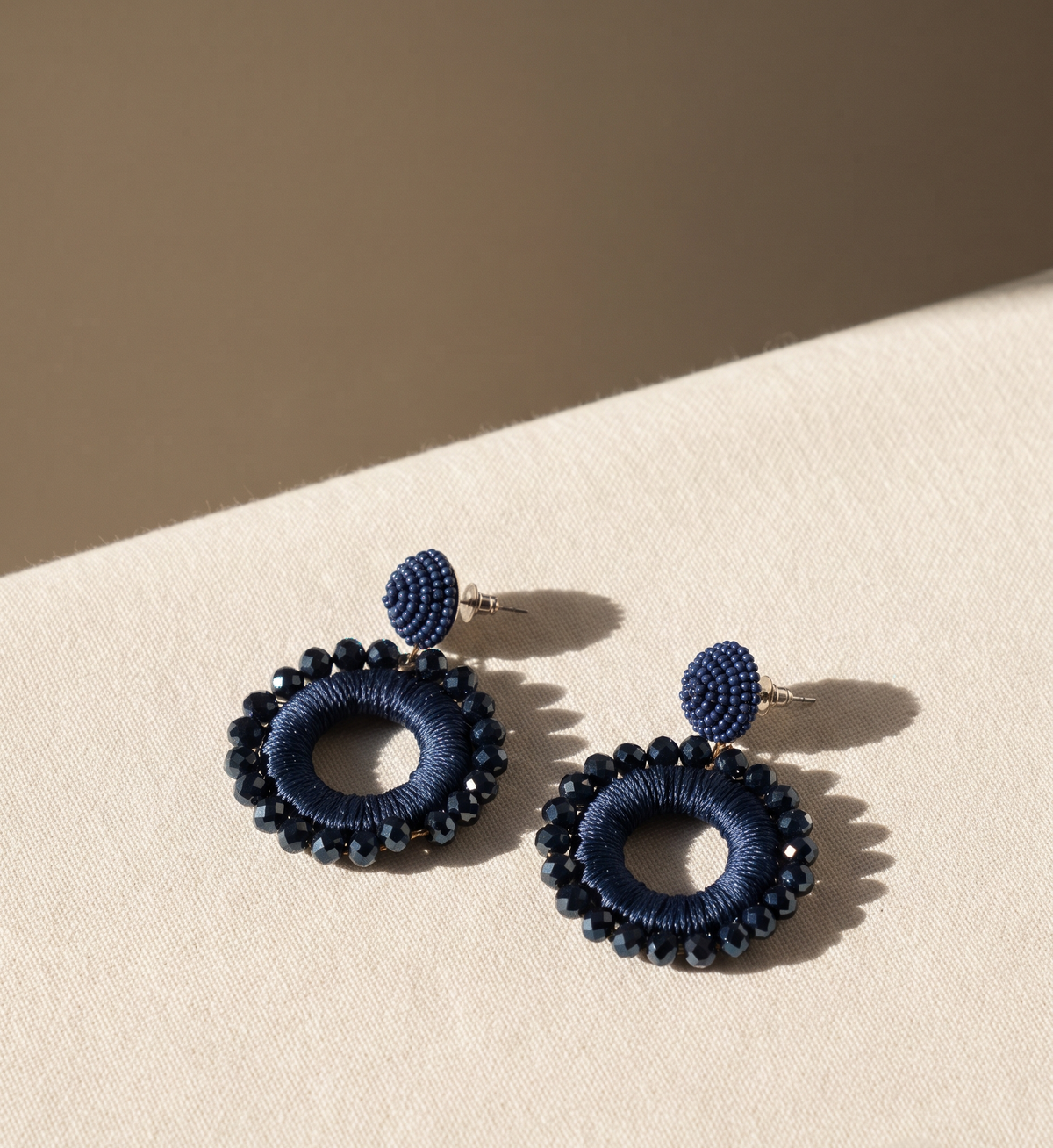 NAVY BLUE BEADED ORB CIRCLE DROP EARRING