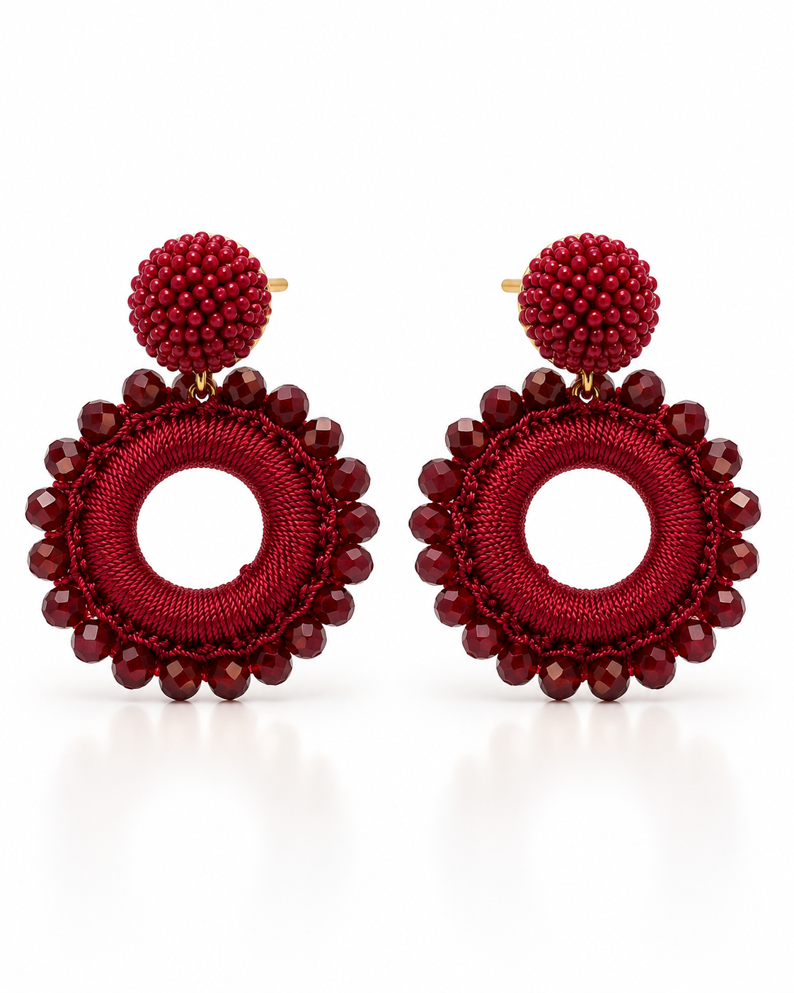 CRIMSON RED BEADED ORB CIRCLE DROP EARRING