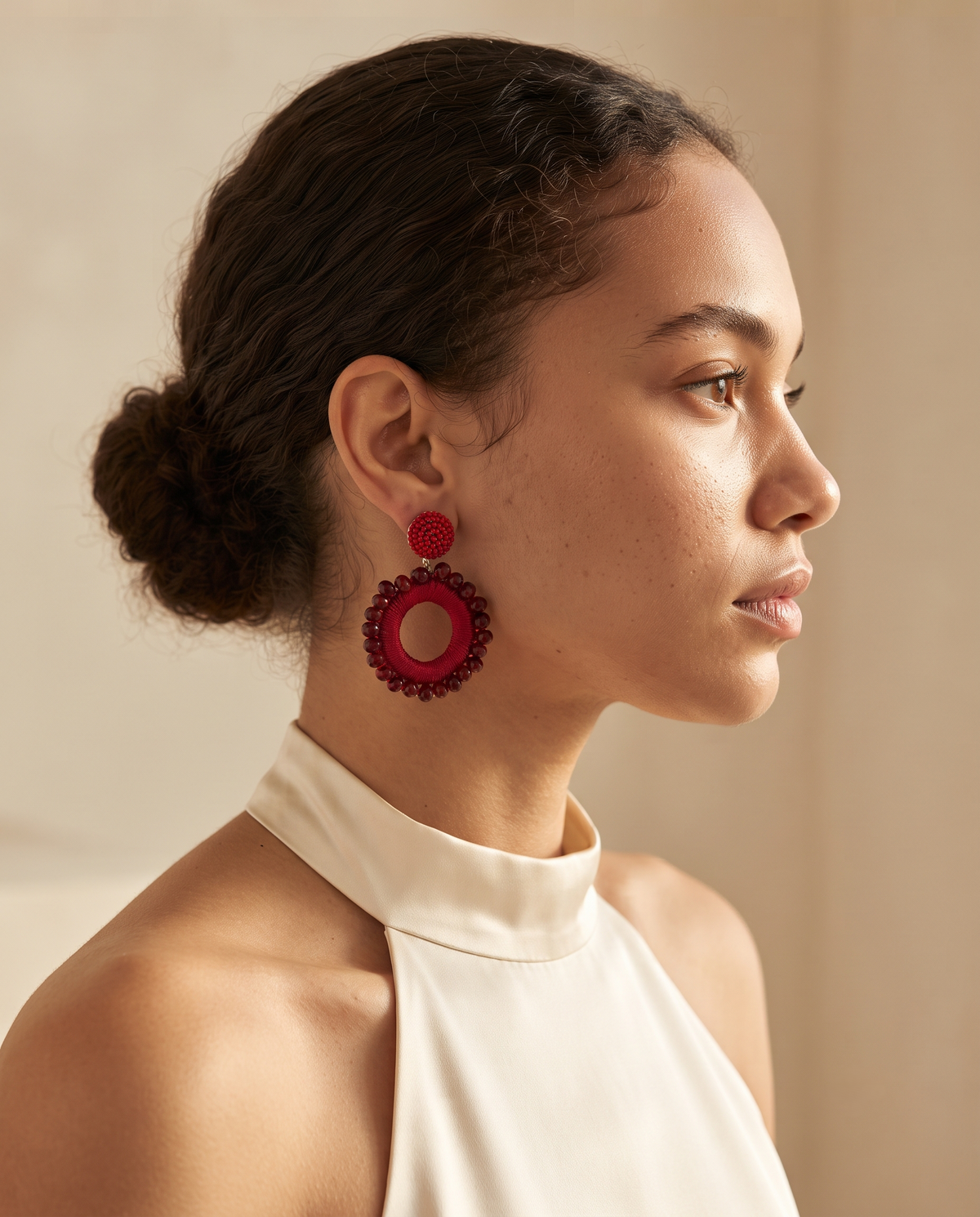 CRIMSON RED BEADED ORB CIRCLE DROP EARRING