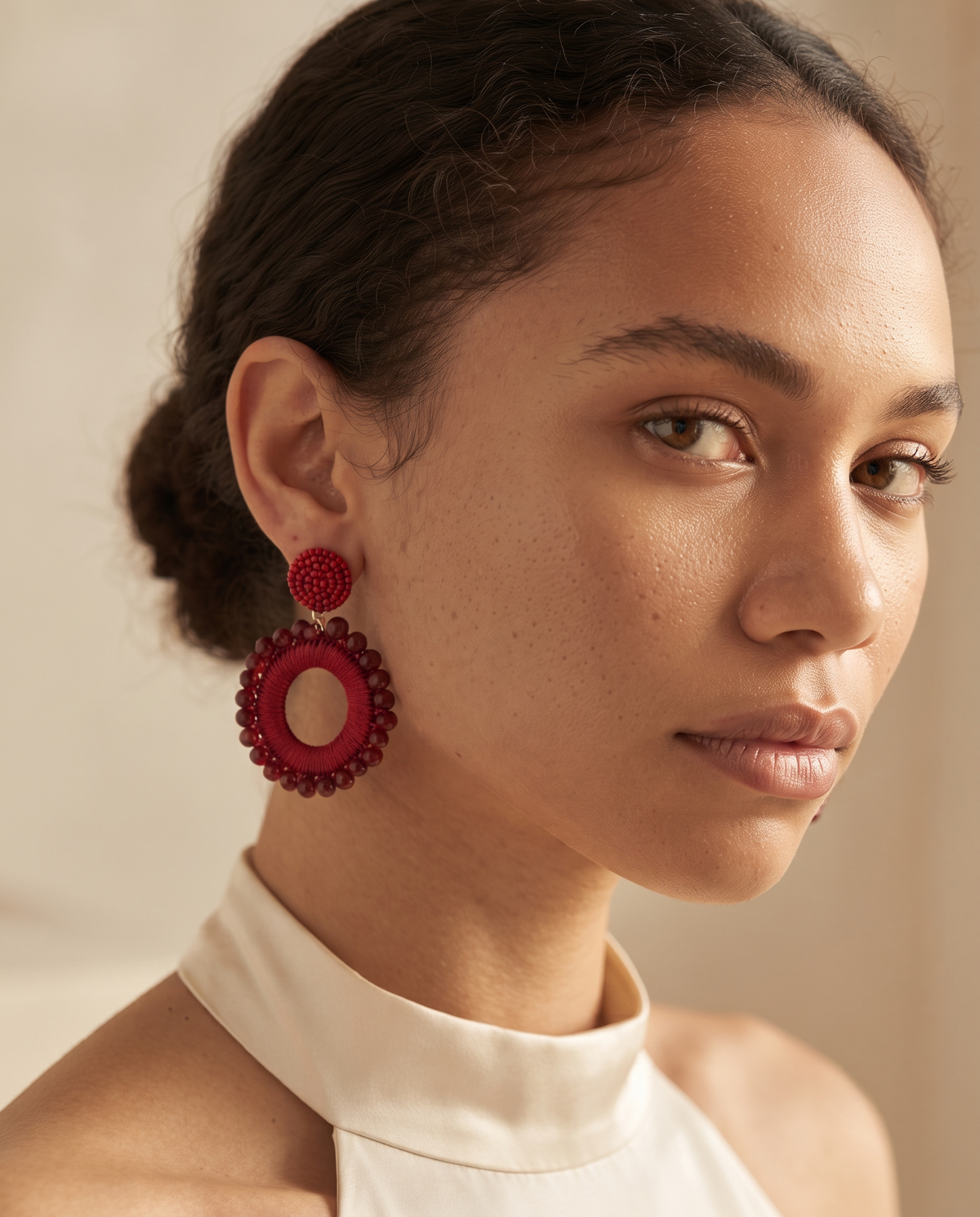 CRIMSON RED BEADED ORB CIRCLE DROP EARRING
