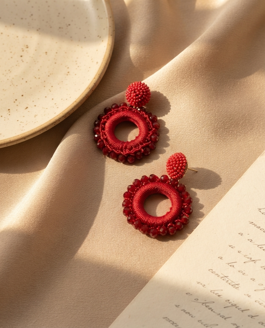 CRIMSON RED BEADED ORB CIRCLE DROP EARRING