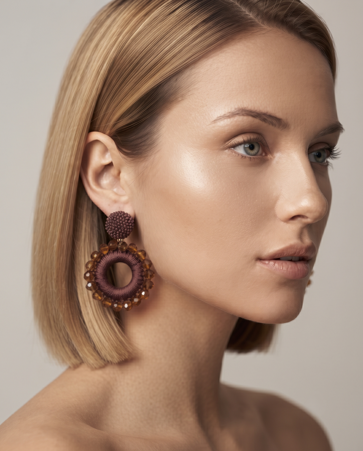 BURGUNDY BEADED ORB CIRCLE DROP EARRING