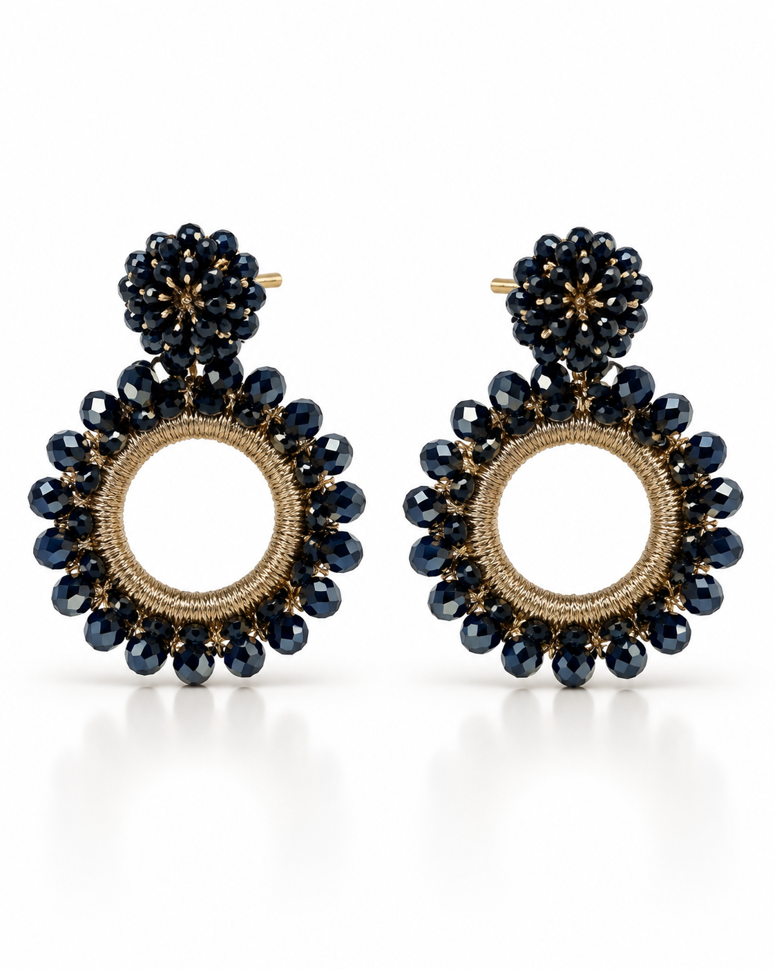 NAVY BLUE BEADED FLOWER CIRCLE DROP EARRING