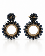 NAVY BLUE BEADED FLOWER CIRCLE DROP EARRING