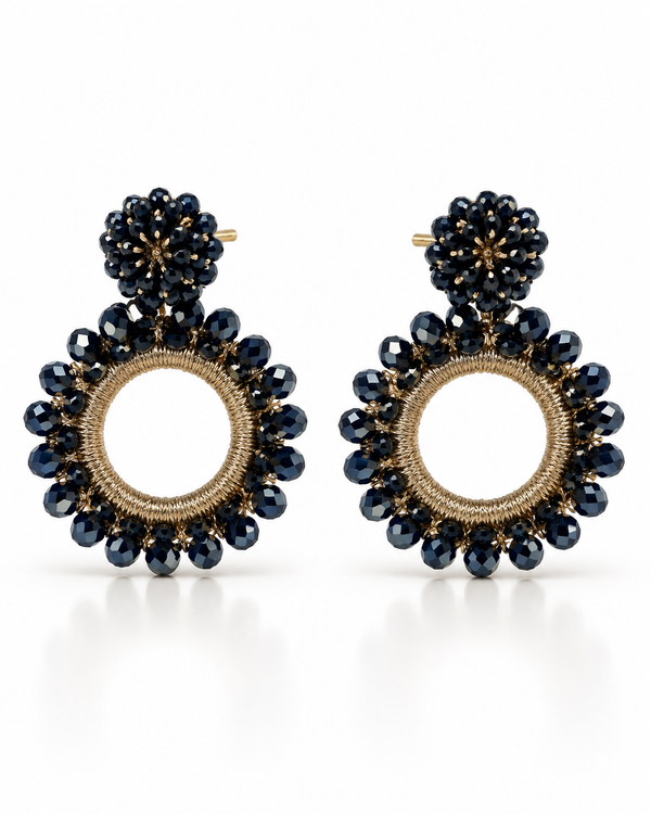 Navy blue beaded flower circle drop earring