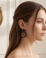 NAVY BLUE BEADED FLOWER CIRCLE DROP EARRING