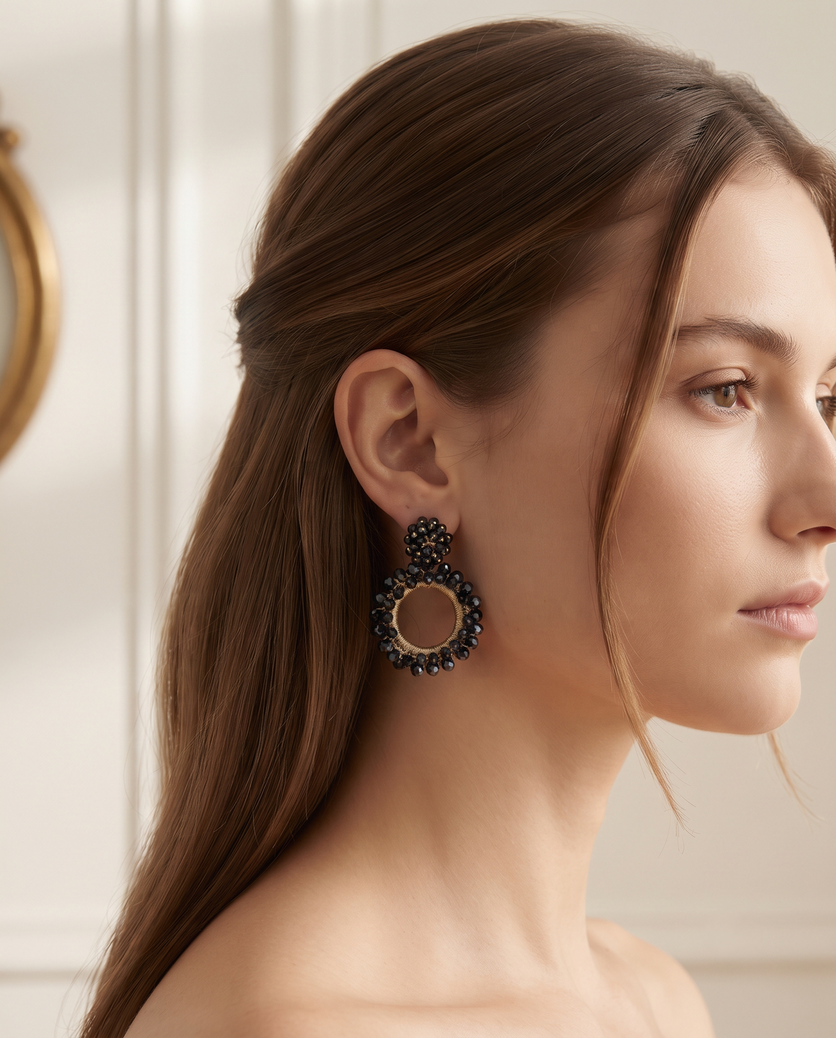 NAVY BLUE BEADED FLOWER CIRCLE DROP EARRING