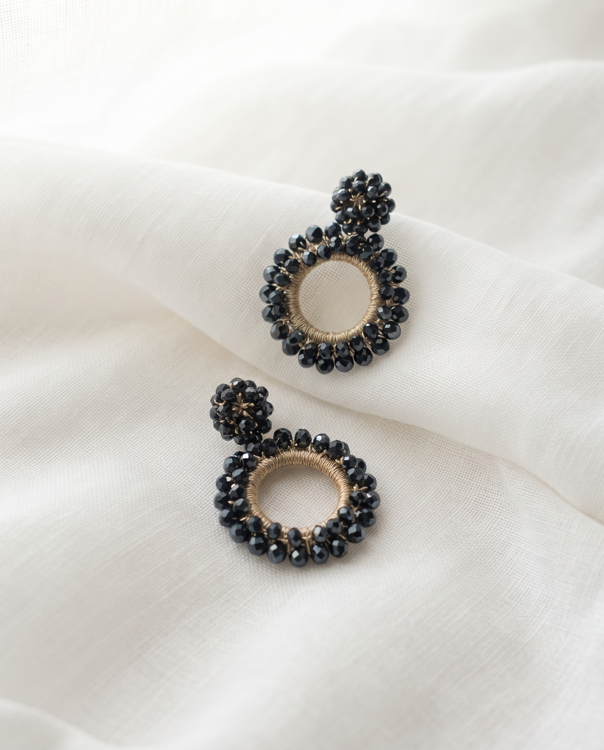 NAVY BLUE BEADED FLOWER CIRCLE DROP EARRING