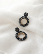 NAVY BLUE BEADED FLOWER CIRCLE DROP EARRING