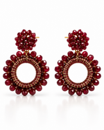 BURGUNDY BEADED FLOWER CIRCLE DROP EARRING