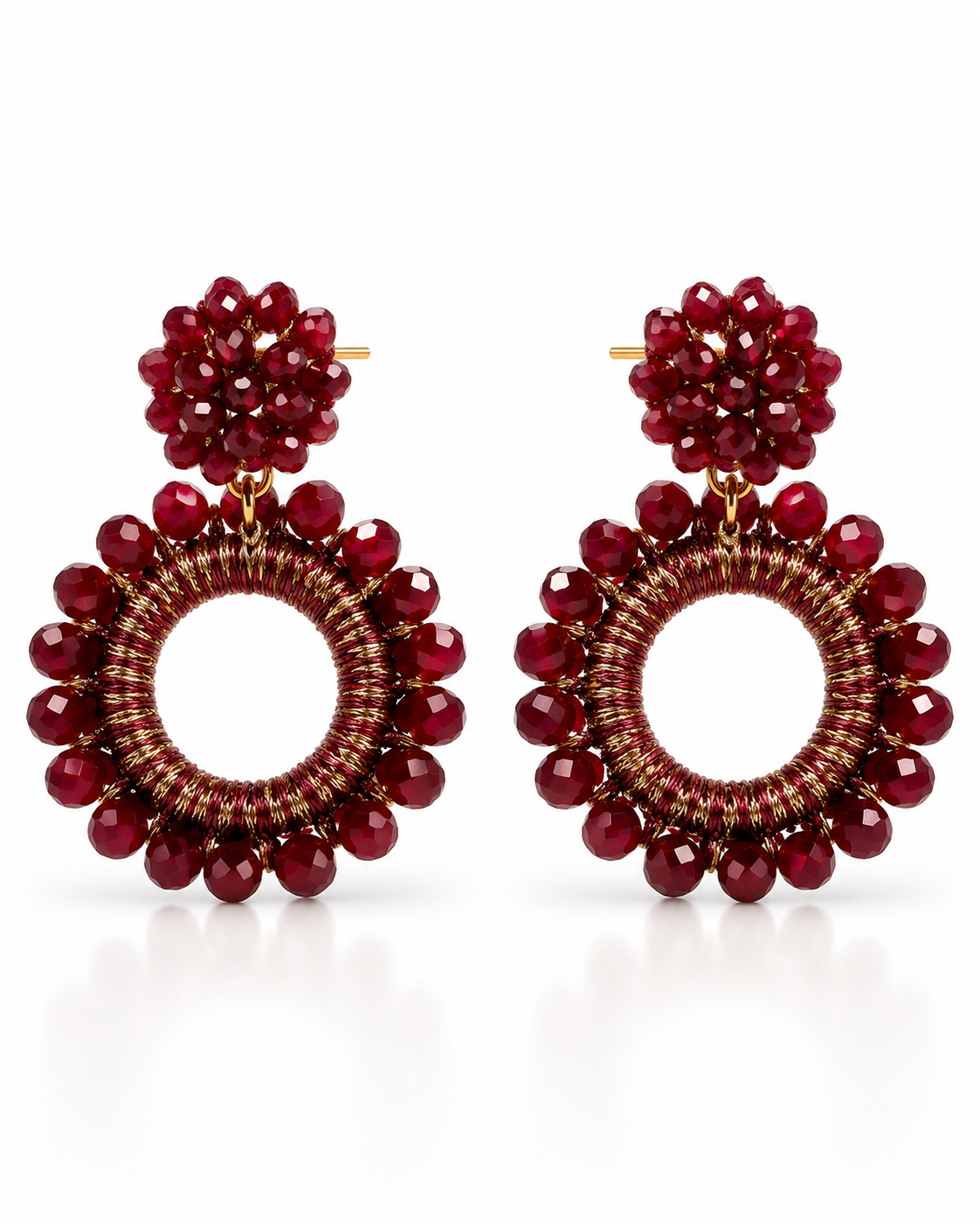 BURGUNDY BEADED FLOWER CIRCLE DROP EARRING