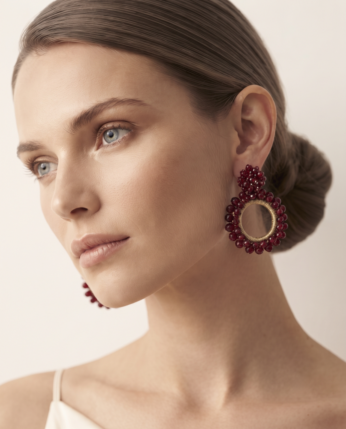 BURGUNDY BEADED FLOWER CIRCLE DROP EARRING