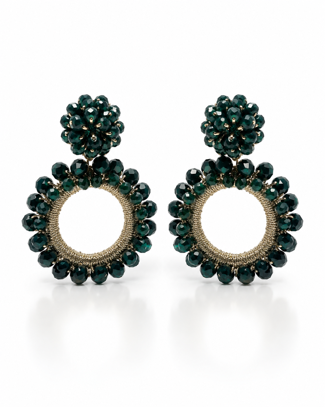 DEEP GREEN BEADED FLOWER CIRCLE DROP EARRING