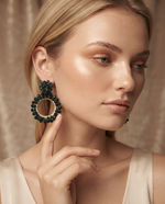 DEEP GREEN BEADED FLOWER CIRCLE DROP EARRING