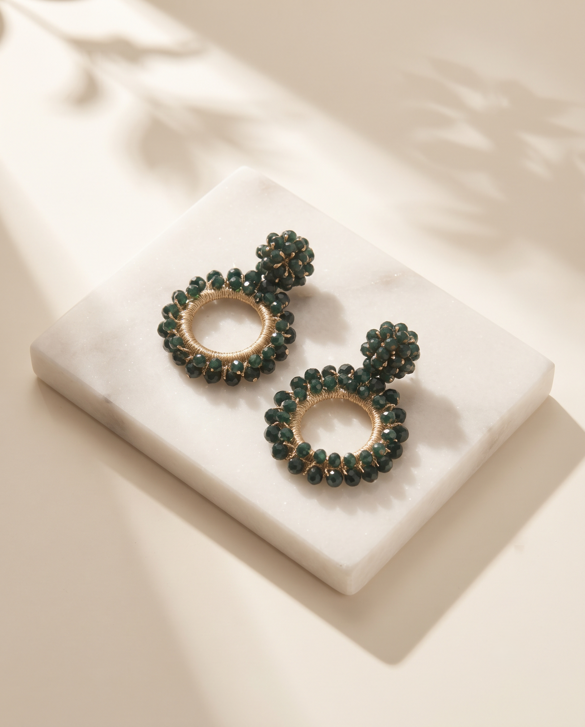 DEEP GREEN BEADED FLOWER CIRCLE DROP EARRING