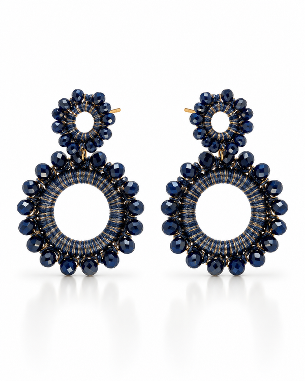 Navy blue double circle bead drop earring