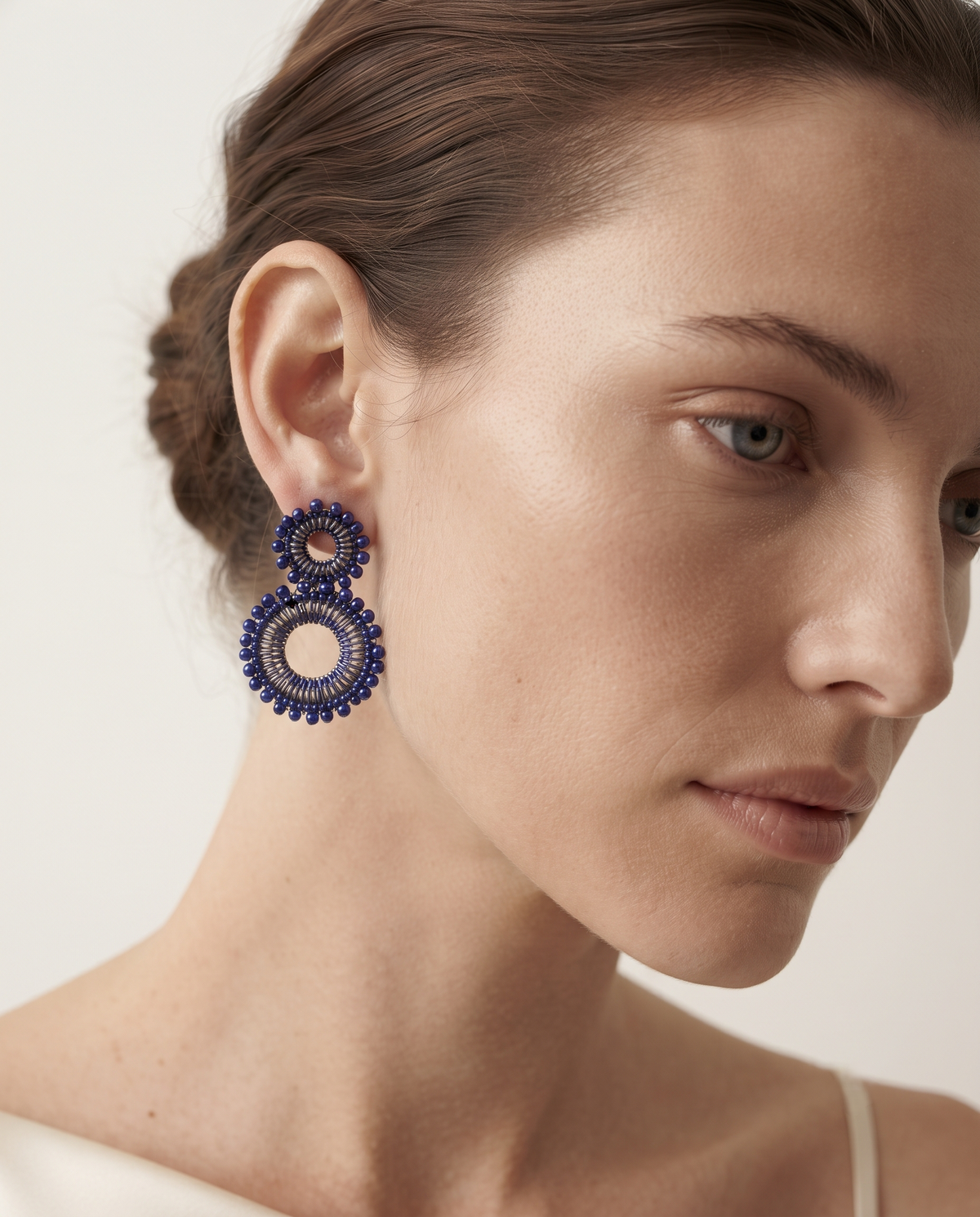 NAVY BLUE DOUBLE CIRCLE BEAD DROP EARRING