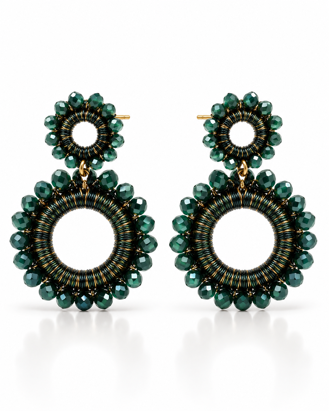 DEEP GREEN DOUBLE CIRCLE BEAD DROP EARRING