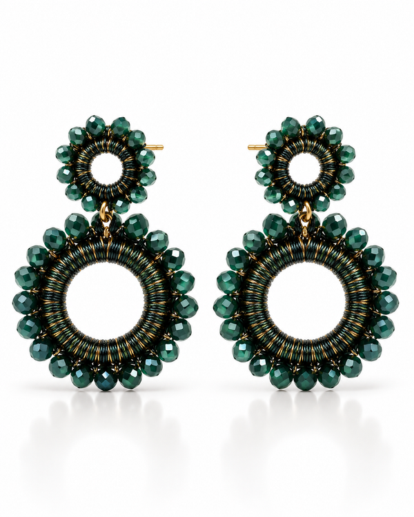 Deep green double circle bead drop earring