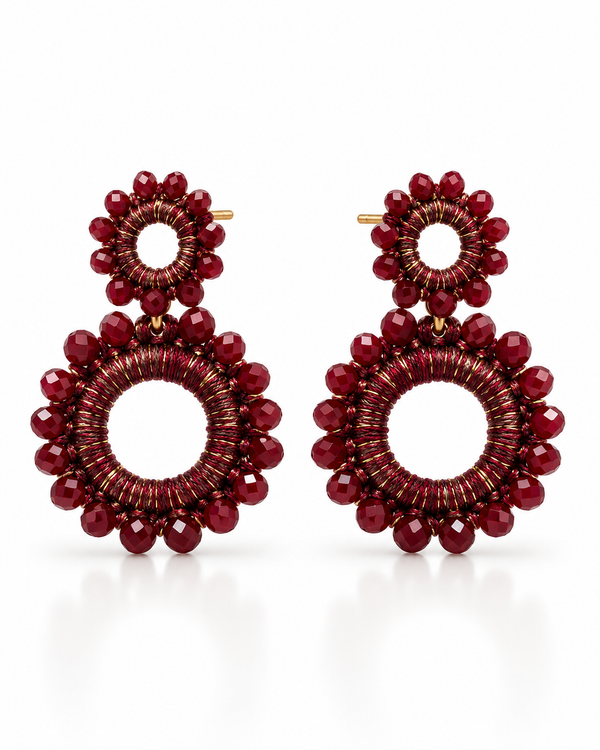 Burgundy double circle bead drop earring