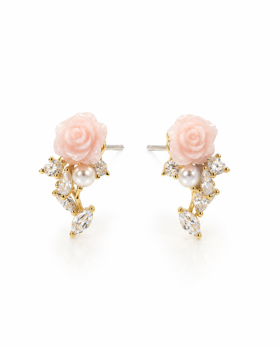 PINK ROSE PEARL CRYSTAL VINE STUD EARRING