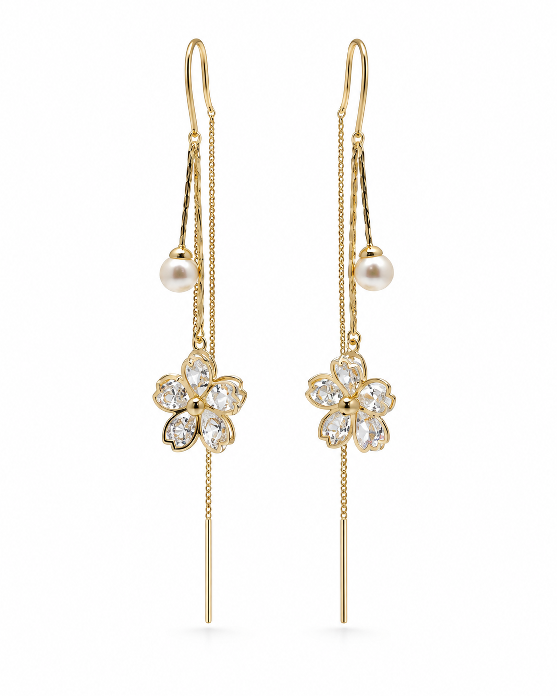 CRYSTAL FLOWER PEARL THREADER EARRING