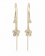 CRYSTAL FLOWER PEARL THREADER EARRING