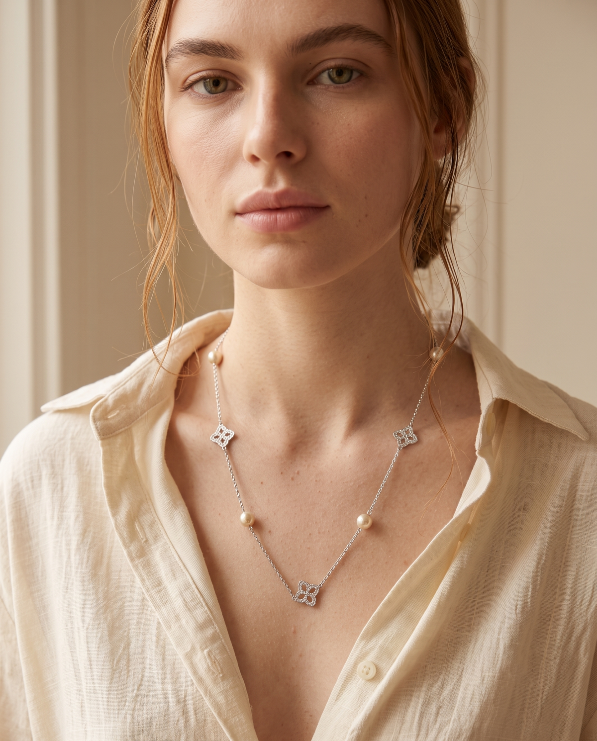 Pearl Quatrefoil Station Necklace – view 3