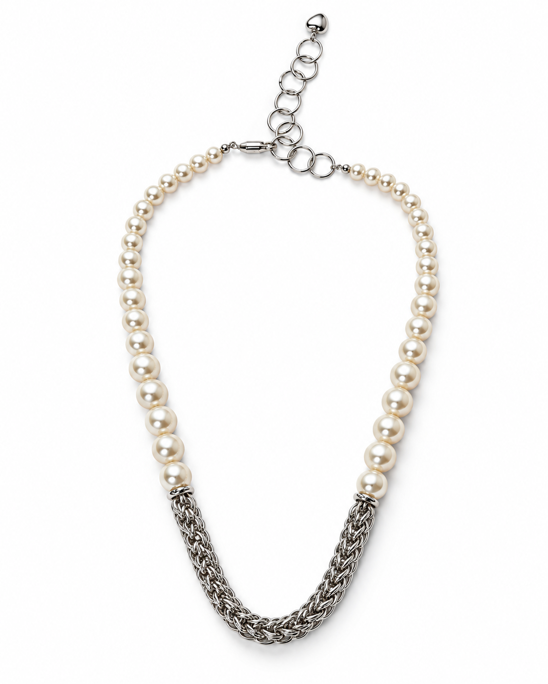 Silver Pearl Woven Chain Heart Charm Necklace – view 1