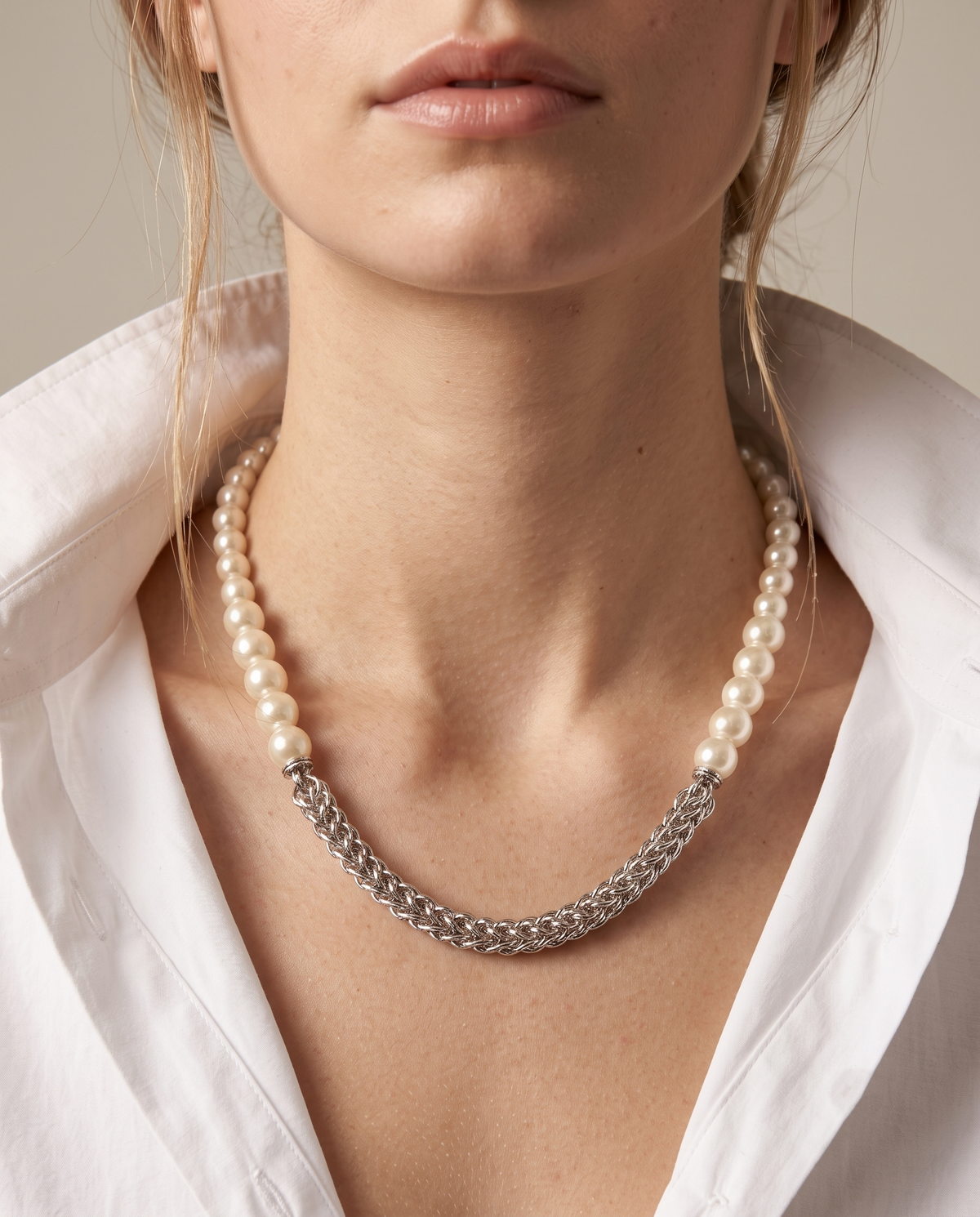 Silver Pearl Woven Chain Heart Charm Necklace – view 3
