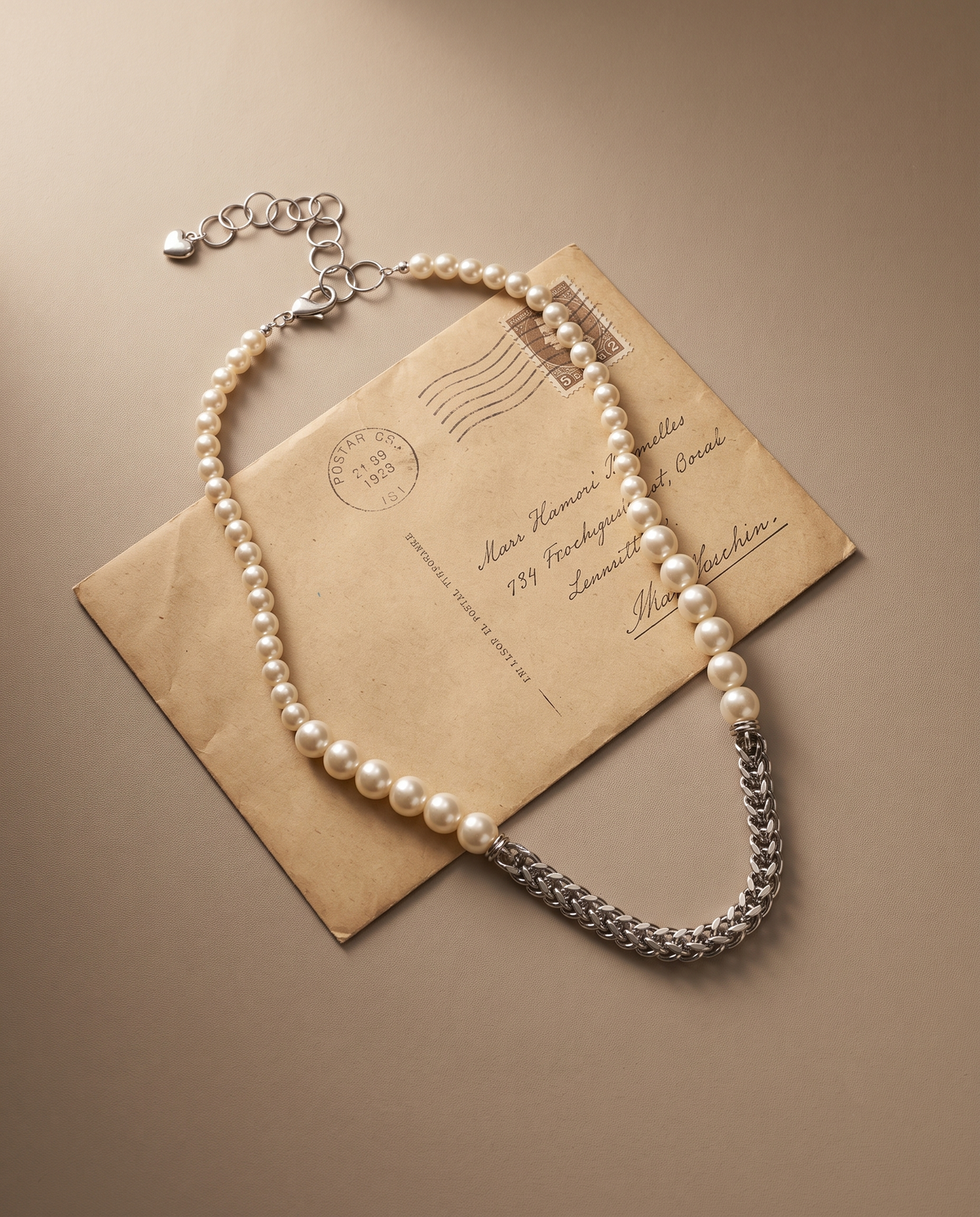 Silver Pearl Woven Chain Heart Charm Necklace – view 4