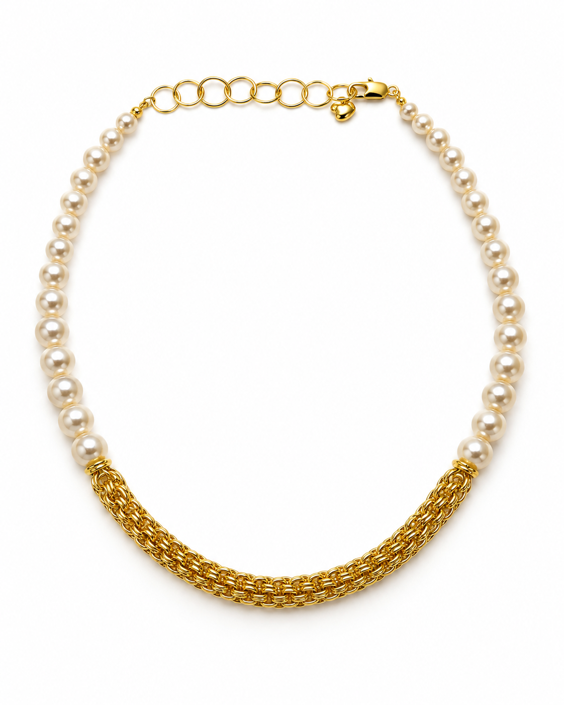 Gold Pearl Woven Chain Heart Charm Necklace – view 1