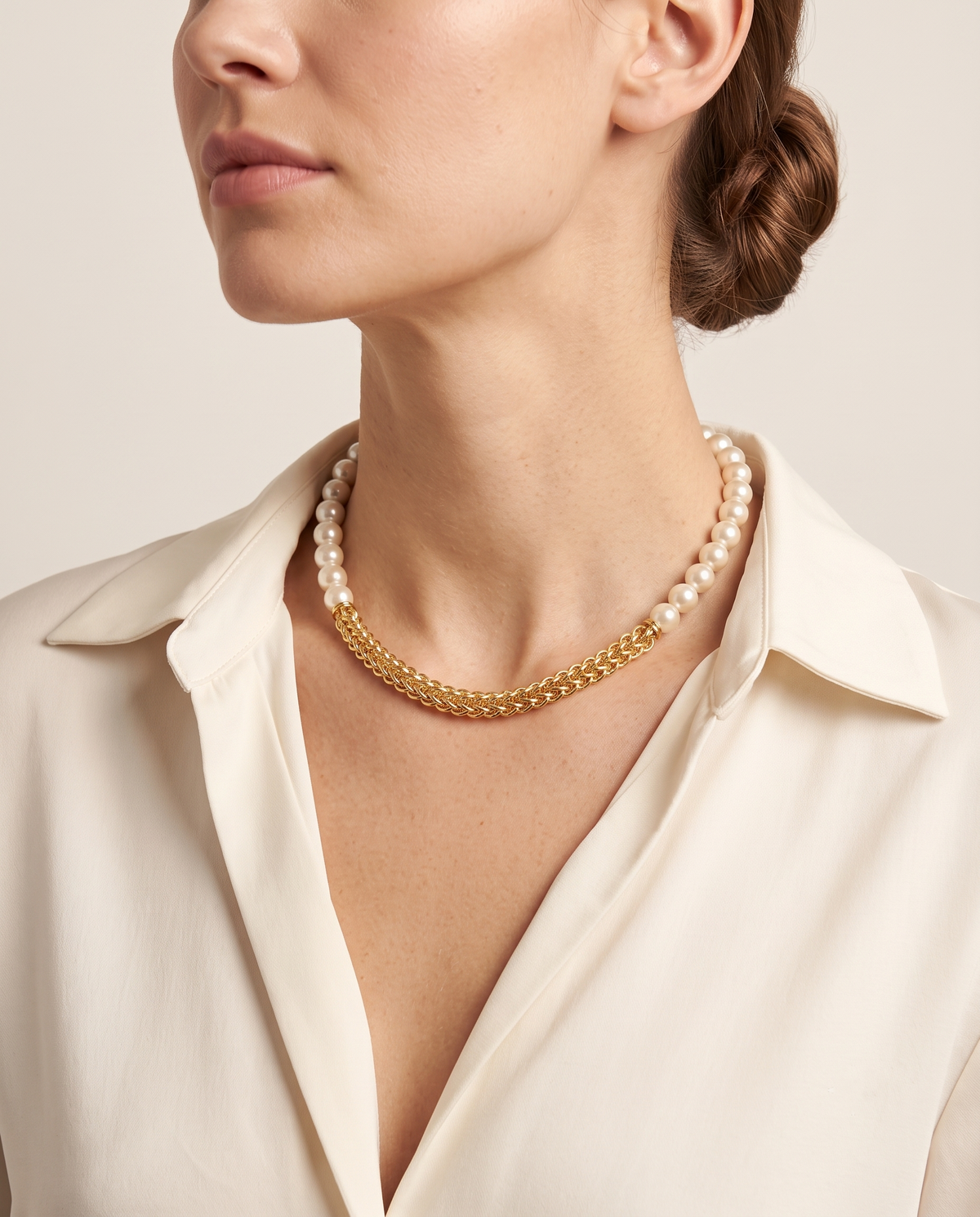 Gold Pearl Woven Chain Heart Charm Necklace – view 2