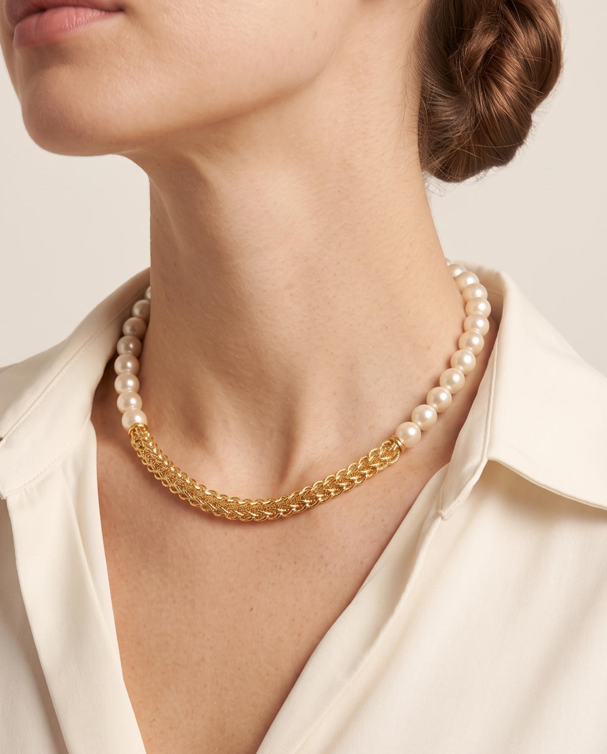 Gold Pearl Woven Chain Heart Charm Necklace – view 3