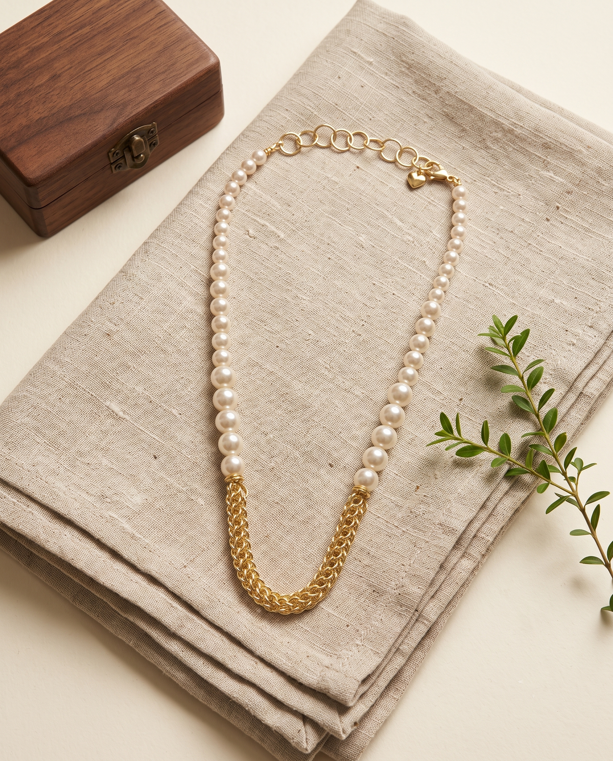 Gold Pearl Woven Chain Heart Charm Necklace – view 4