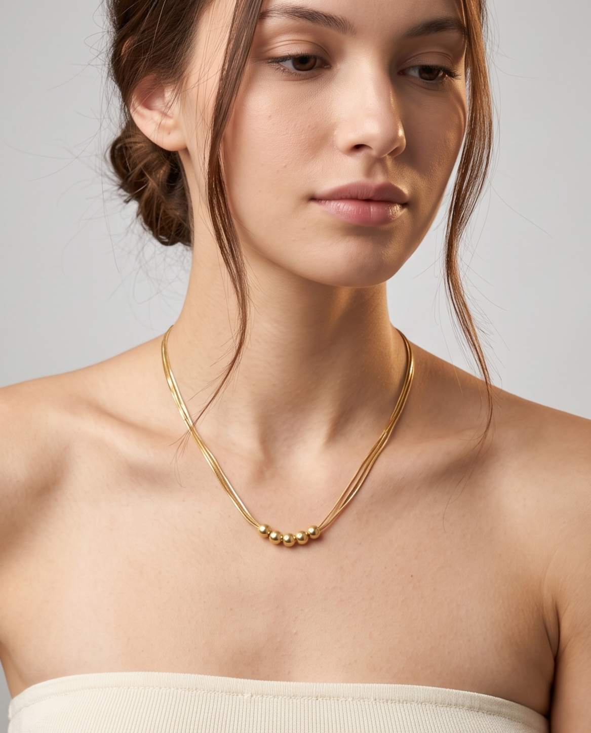 Gold Multi Strand Brushed Bead Necklace – view 3