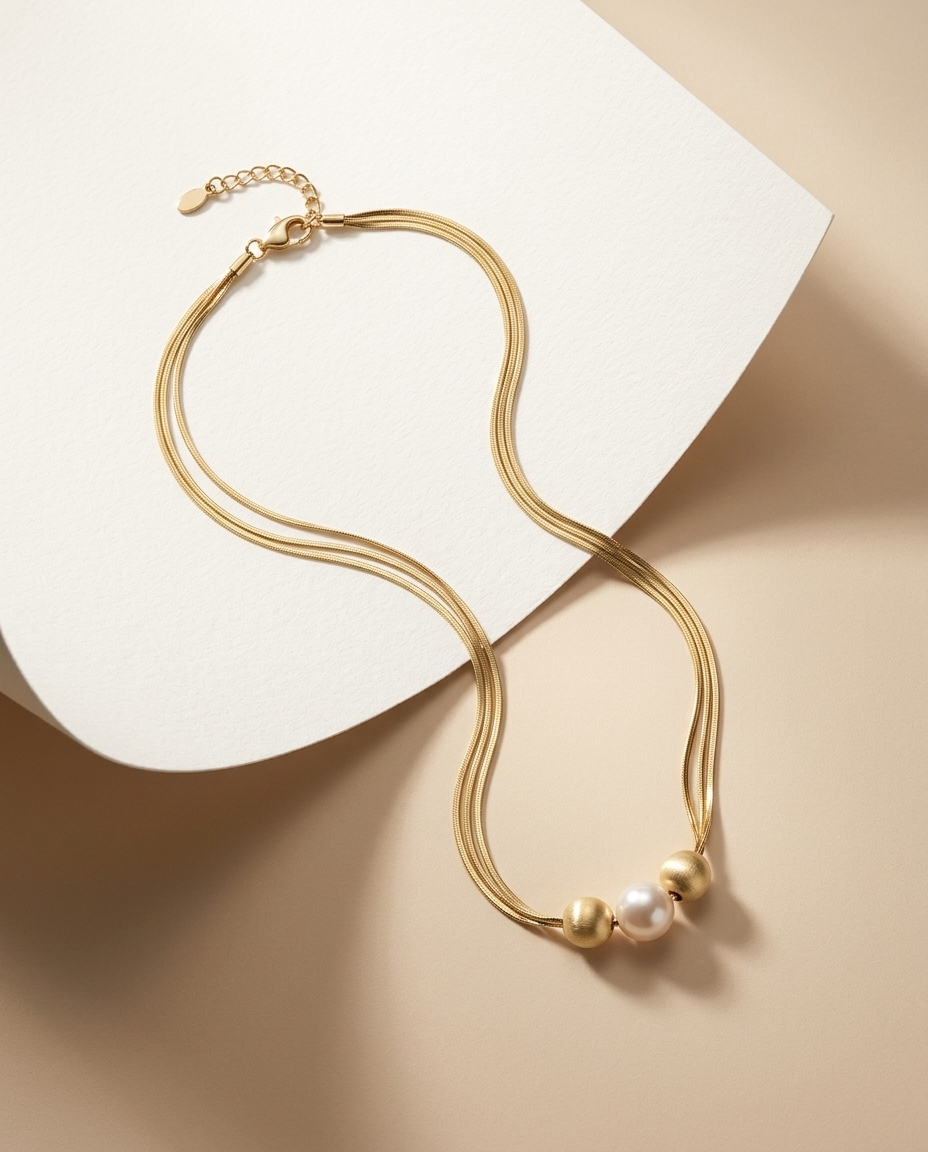 Three Strand Snake Chain Pearl Necklace – view 4