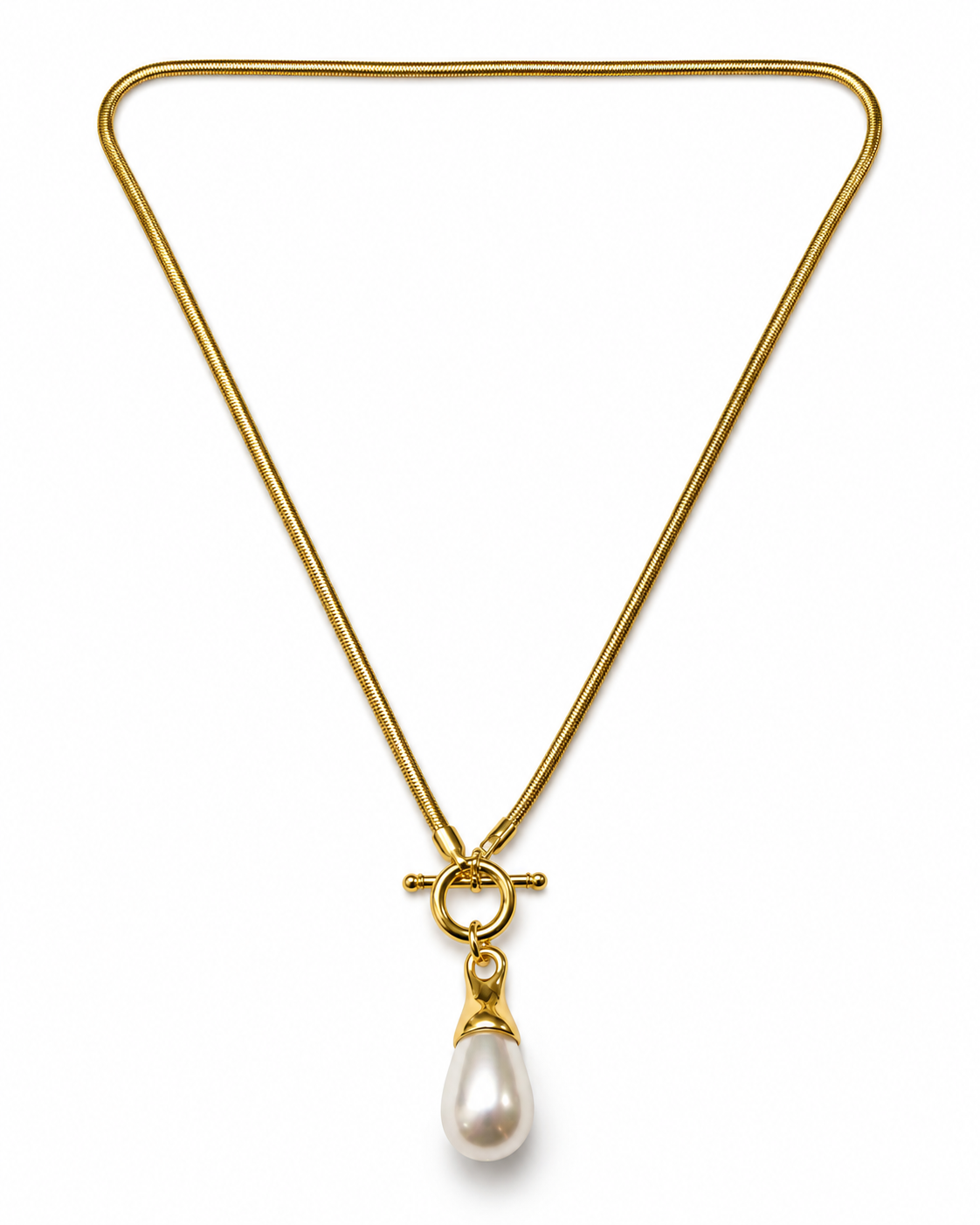 Gold T-bar Toggle Pearl Drop Necklace – view 1