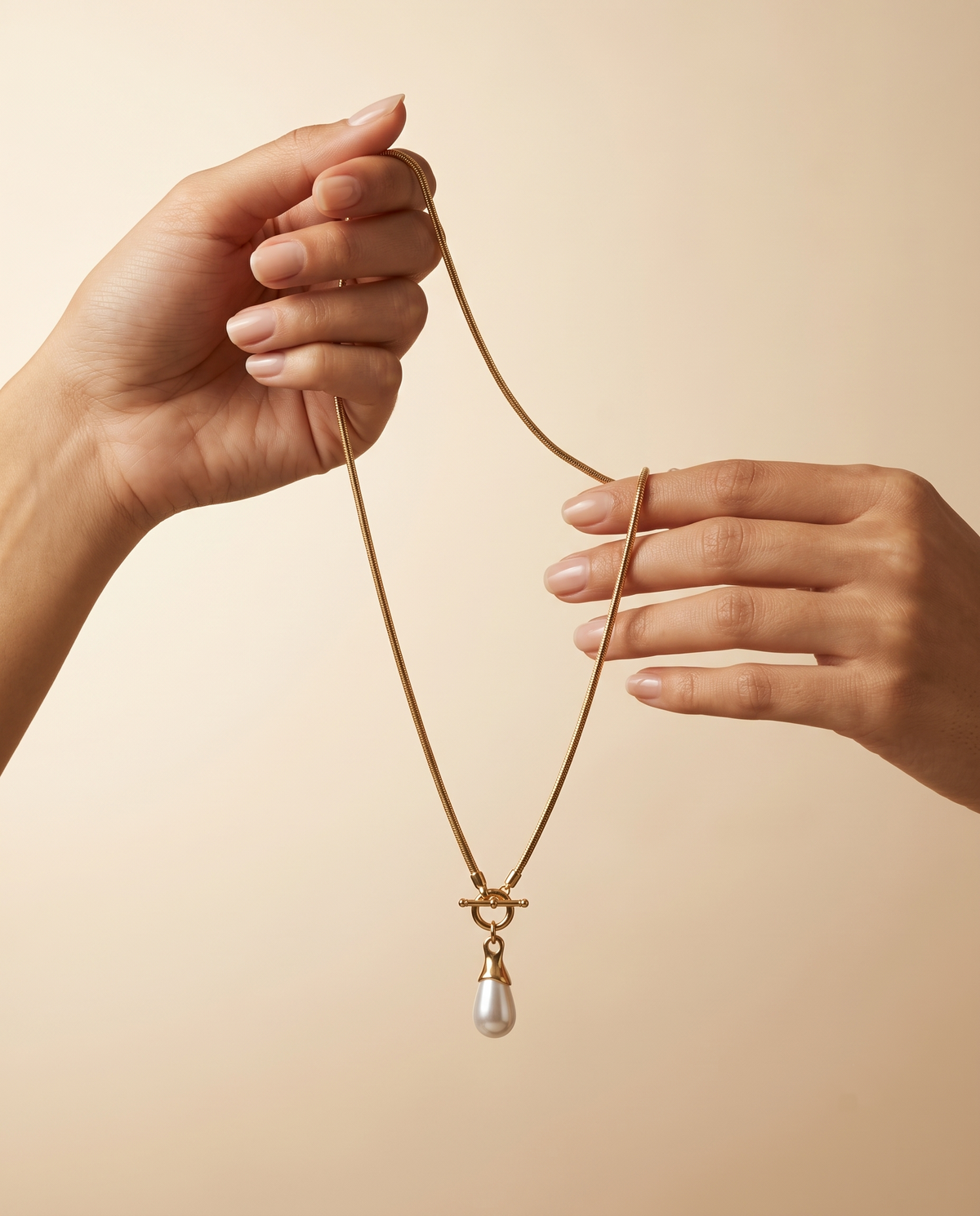Gold T-bar Toggle Pearl Drop Necklace – view 4
