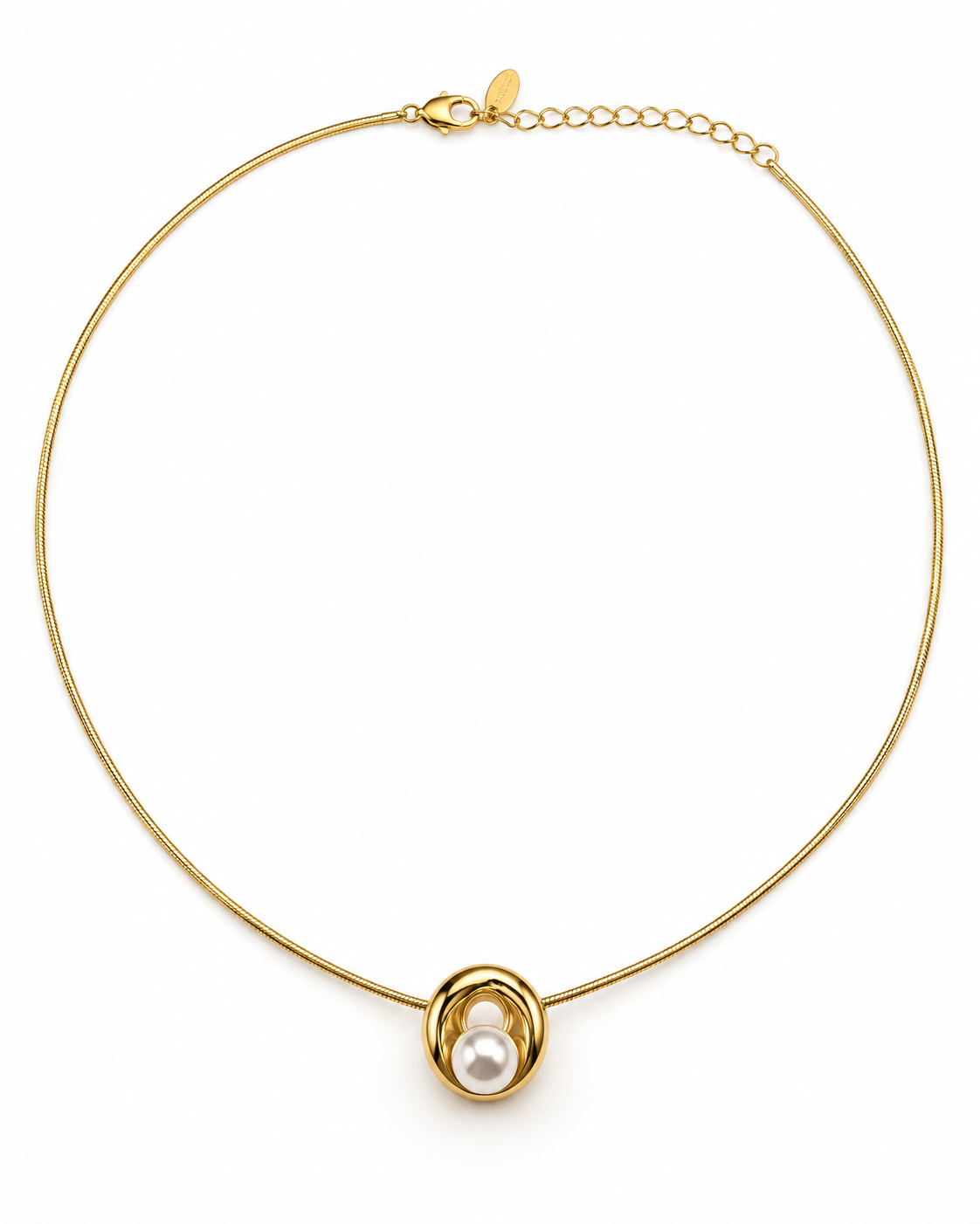 Gold Sculpted Ring Pearl Pendant Necklace – view 1